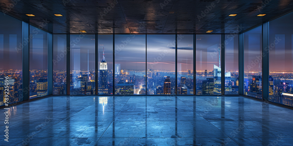 Modern empty office interior with panoramic windows overlooking the city skyline at dusk. A empty modern office view overlooking city Modern empty office interior with panoramic windows overlooking the city skyline at dusk. A empty modern office view overlooking city