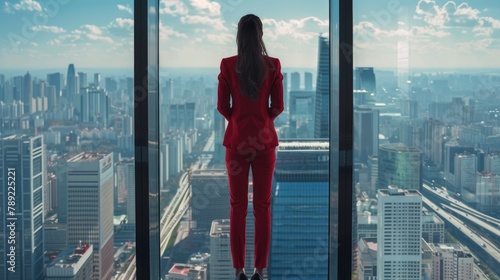 Successful Thoughtful Caucasian Businesswoman Wearing Perfect Red Suit Standing in Office Looking out of Window on Big City. Confident Female Corporate CEO Managing Company Investment Strategy 