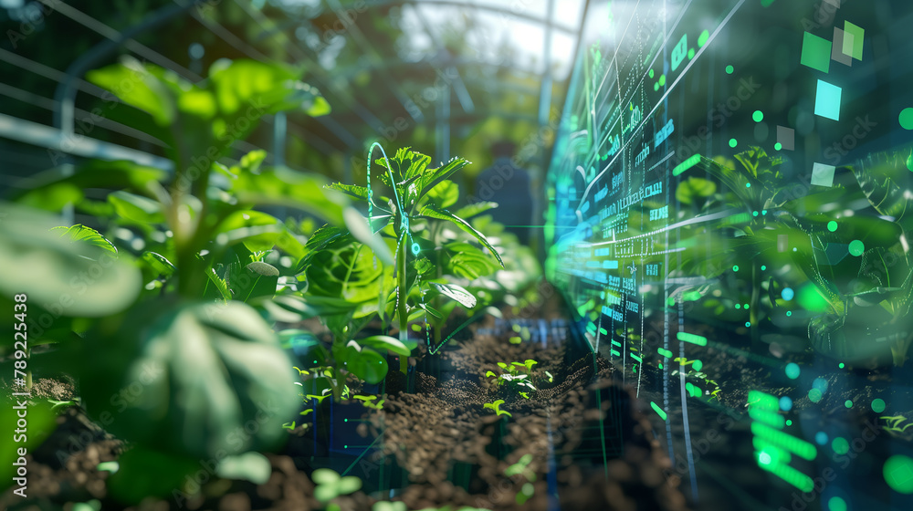 A field of green plants with a digital screen showing graphs and numbers. Concept of modern agriculture and the use of technology to monitor and improve crop growth. The scene is one of progress A field of green plants with a digital screen showing graphs and numbers. Concept of modern agriculture and the use of technology to monitor and improve crop growth. The scene is one of progress