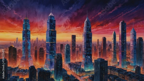 futuristic cityscape with skyscrapers made of neon lights and holographic projections photo