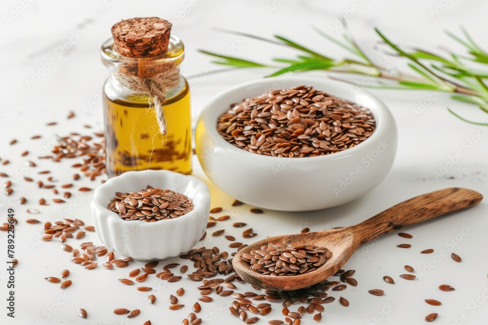 Flaxseed Oil and Seeds in a Bowl. Healthy Cooking and Nutrition Concept on White Background Flaxseed Oil and Seeds in a Bowl. Healthy Cooking and Nutrition Concept on White Background