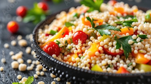 Fresh and Healthy Vegan Couscous Salad on Black Background. Close-up of Delicious Vegetarian Summer Salad with Vegetables
