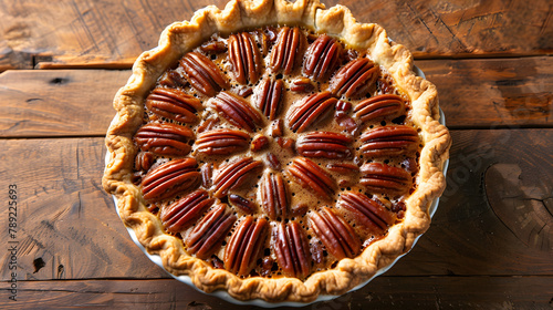 Southern-Style Glossy Pecan Pie on a Rustic Wooden Surface