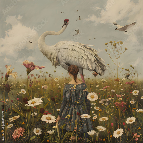 Flower meadow with a giant swan and flying birds in a serene fantasy scene, butterflies and flying birds, evoking a sense of peace and connection with nature. photo