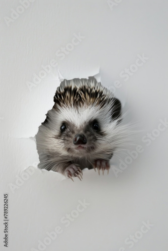 A cute baby hedgehog sticking its head out of a hole