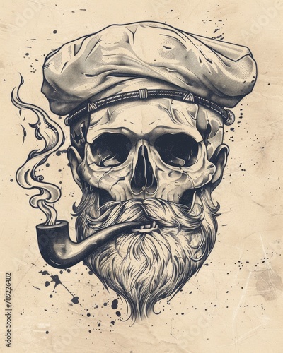 Illustrated Hipster Skull: Detailed Ink Drawing of Fashionable Sailor Sea Captain with Pipe, Bone, and Death Motifs