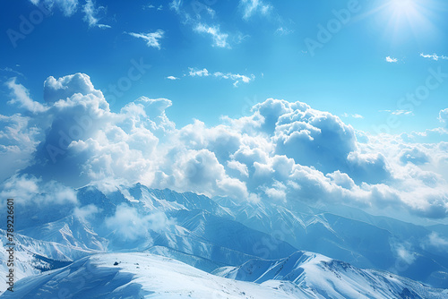 Winter mountain panorama view with blue cloudy sky	
