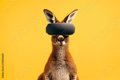 Portrait of a funny kangaroo in virtual reality glasses on yellow background. Studio shot	
