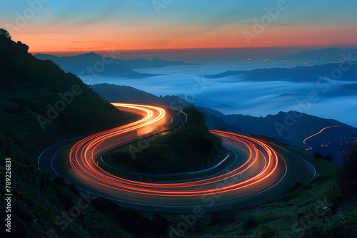 Mountain road at night with long exposure light trails under a twilight sky background