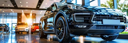 Luxurious black car displayed in modern showroom for sale and rent at car dealership office