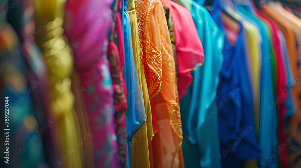 Colorful clothes on hangers for sale in shop. Summer season, assortment in a clothing store. Choice of cotton clothes of different colors on hangers,Brightly colored scarfs and veils in the Silk 
