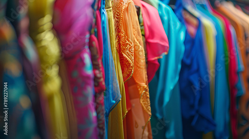Colorful clothes on hangers for sale in shop. Summer season, assortment in a clothing store. Choice of cotton clothes of different colors on hangers,Brightly colored scarfs and veils in the Silk 
 photo
