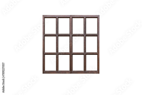 Old dark-colored brown wooden window frame with many sashes  isolated on transparent background.
