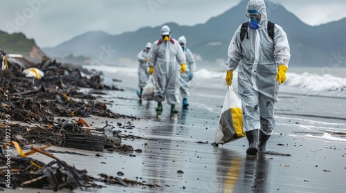 A team of workers in protective gear cleaning up a polluted beach photo