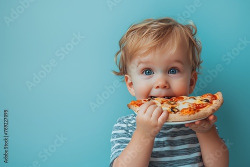 Child savoring pizza on pastel backdrop  offering generous space for customized text insertion
