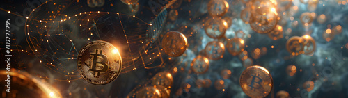 Sparkling Bitcoins floating in a golden digital space, symbolizing cryptocurrencies and virtual finance, wide banner. photo