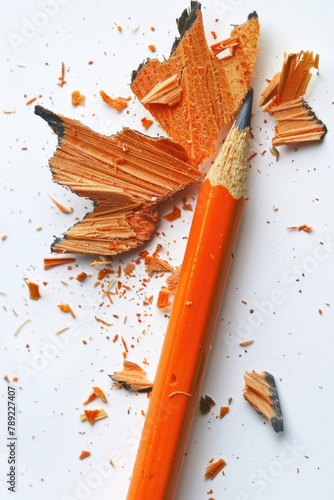 Pencil Shavings Set in Orange Wood. Isolated Broken Eraser Shavings of Sharp Orange and Plain Regular Pencils