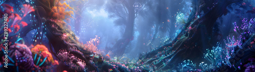 Enchanted forest with vibrant mystical colors, a magical journey through a dreamy landscape, themes of fantasy, adventure, and mysticism, wide banner.