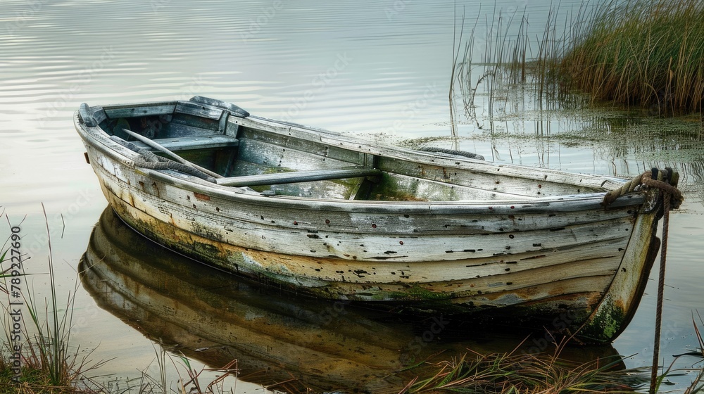 Rustic Old Rowboat on the Water's Edge. Wooden Fishing Dinghy with Rudder in Lake. Nautical Vessel on a Peaceful Sea Rustic Old Rowboat on the Water's Edge. Wooden Fishing Dinghy with Rudder in Lake. Nautical Vessel on a Peaceful Sea