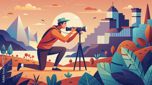 In search of a frame: a photographer with a camera.Hunting for the perfect photo: vector illustration.A moment of inspiration: a photographer with a camera in search of the perfect compositio