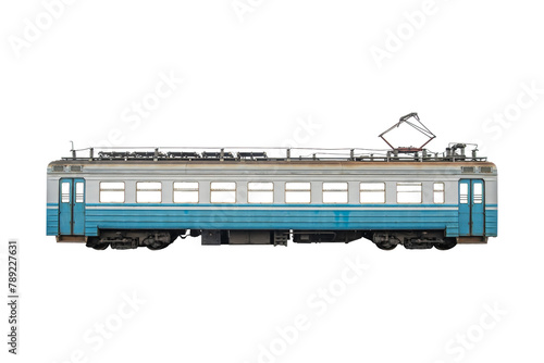 Old electric passenger rail car train isolated on white background.