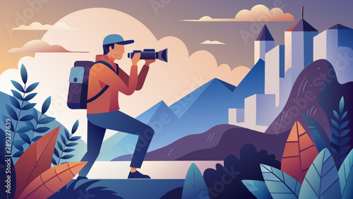 In search of a frame: a photographer with a camera.Hunting for the perfect photo: vector illustration.A moment of inspiration: a photographer with a camera in search of the perfect compositio