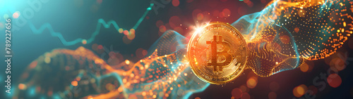 Digital cryptocurrency concept with glowing bitcoins among sparkling lights, Perfect for articles on blockchain, digital currencies, and investment opportunities, wide banner.