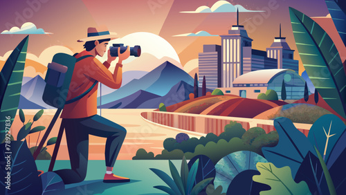 In search of a frame: a photographer with a camera.Hunting for the perfect photo: vector illustration.A moment of inspiration: a photographer with a camera in search of the perfect compositio