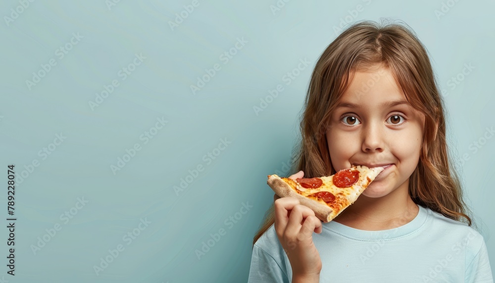 Charming girl savoring pizza on gentle backdrop, leaving room for creative text placement Charming girl savoring pizza on gentle backdrop, leaving room for creative text placement