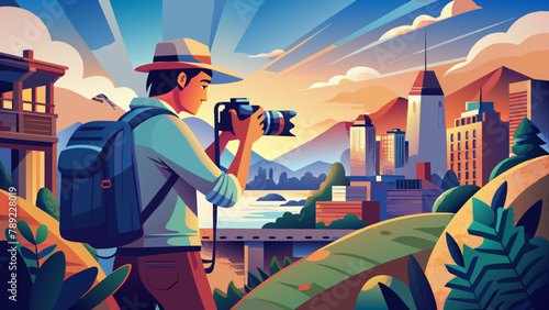 In search of a frame: a photographer with a camera.Hunting for the perfect photo: vector illustration.A moment of inspiration: a photographer with a camera in search of the perfect compositio