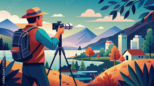 In search of a frame: a photographer with a camera.Hunting for the perfect photo: vector illustration.A moment of inspiration: a photographer with a camera in search of the perfect compositio