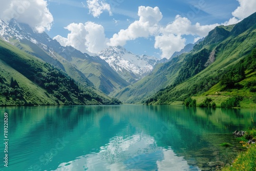  Lake amidst Majestic Mountains. A Scenic Landscape of Pristine Water and Pure Nature in the Caucasus photo