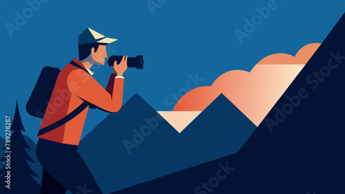 In search of a frame: a photographer with a camera.Hunting for the perfect photo: vector illustration.A moment of inspiration: a photographer with a camera in search of the perfect compositio