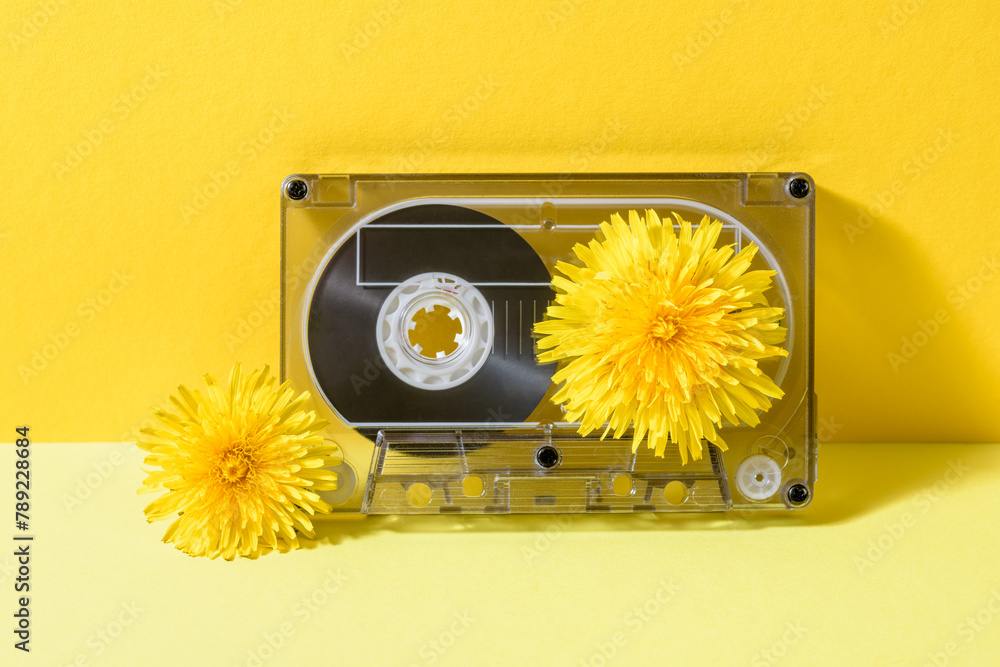 A vintage cassette tape with dandelion flowers in full bloom on a yellow background. - obrazy, fototapety, plakaty 