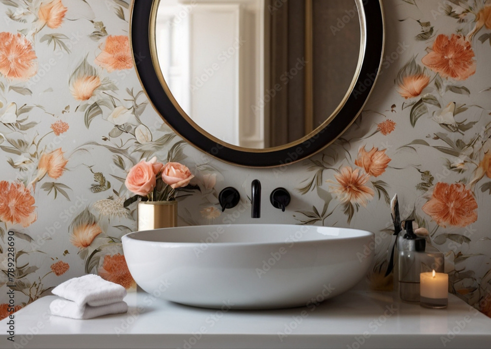 Obraz premium Modern retro colorful bathroom with basin and big mirror on the wall
