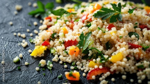 Vibrant and Fresh Couscous Salad. A Healthy Vegan Salad Perfect for Summer on Black Background. Up Close and Delicious