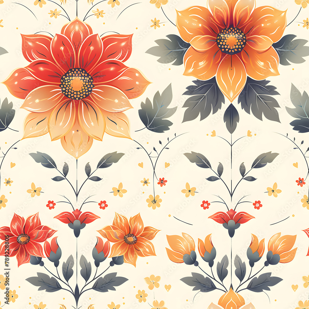 Trendy Floral Background with Vibrant Colors, Modern Seamless Design for Tiles and Colorful Wallpaper, Botanical Garden Blossom Patterns in Decoration, Trendy Fashion, and Summer Bloom Beauty.