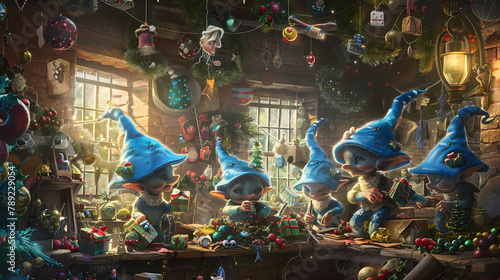 A band of pixies perched at their crafting station in the pixie plant. each fashioning distinct trinkets for the Yuletide. They have blue sharp bonnets on their heads photo