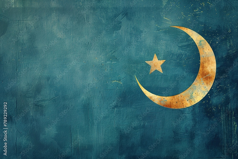 A weathered crescent moon and star on a blue textured backdrop. A weathered crescent moon and star on a blue textured backdrop.