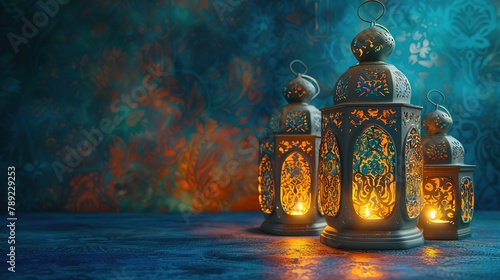 Traditional Arabic lanterns glow warmly on a blue backdrop. photo