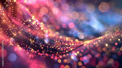 Vibrant abstract lights background with colorful bokeh and glowing particles.