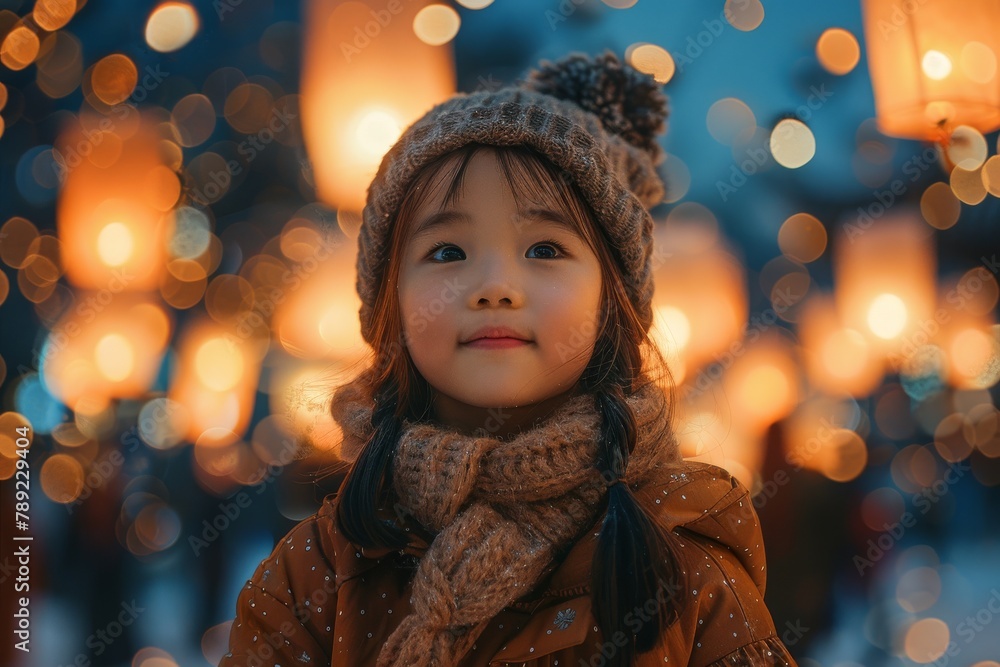 A girl adorned in winter wear exhibits a contemplative look while surrounded by a bokeh of warm lights A girl adorned in winter wear exhibits a contemplative look while surrounded by a bokeh of warm lights