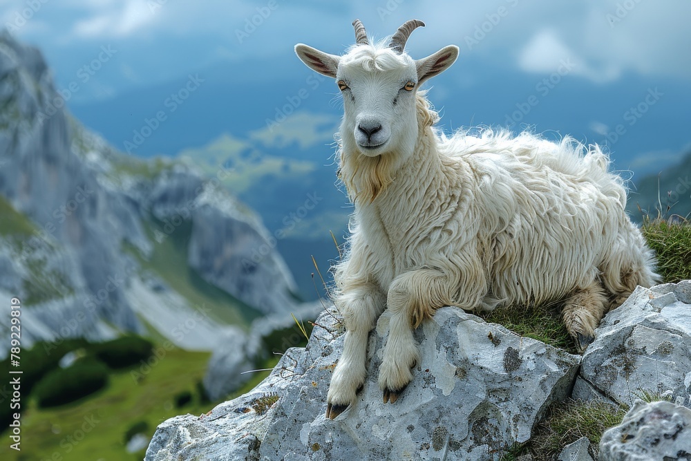 A confident white goat stands atop a rock with a vast mountainous expanse and cloudy skies as a backdrop