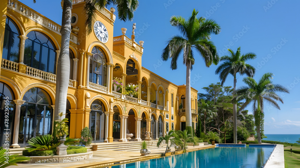 A beautiful yellow palace with large windows and arches. on the front of it is an impressive crystal clock face. The building has palm trees around its edges and there is a pool in front