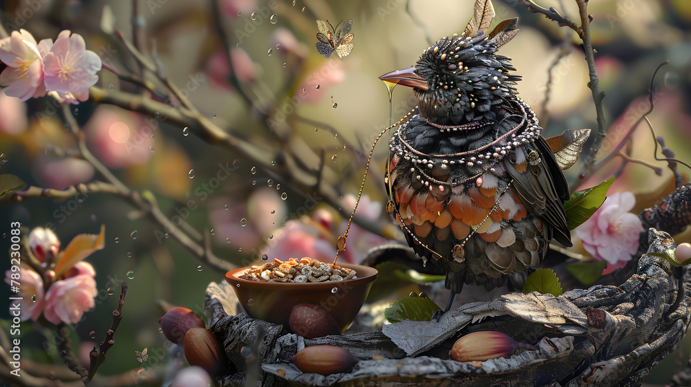 A bird with a necklace is perching in a tree bark nest. wearing a vest and drinking nectar from a leaf cup next to it. The bird has wings that flutter