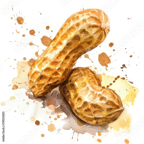 A lively watercolor rendering of peanuts with a splash of color