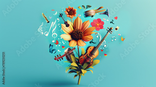 A blooming flower with different musical instruments sprouting from it. symbolizing global music. A creative concept for music education or world music