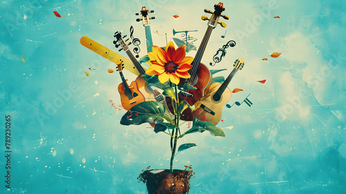 A blooming flower with different musical instruments sprouting from it. symbolizing global music. A creative concept for music education or world music photo