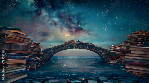A bridge spans across an infinite expanse of old books. symbolizing the impact and beauty of knowledge. The sky is indigo with silver stars