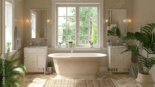 Beige bathroom interior with double sink and mirror 